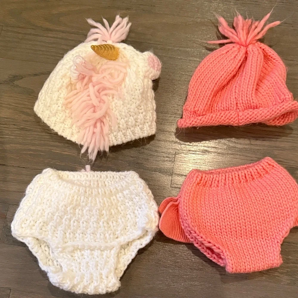 Pink and White Kids Knit Hat and Diaper Cover Set Unicorn & Flamingo
